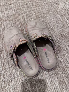 Steve Madden Kids Taupe Suede Slip-On Clogs with Multicolor Stitching